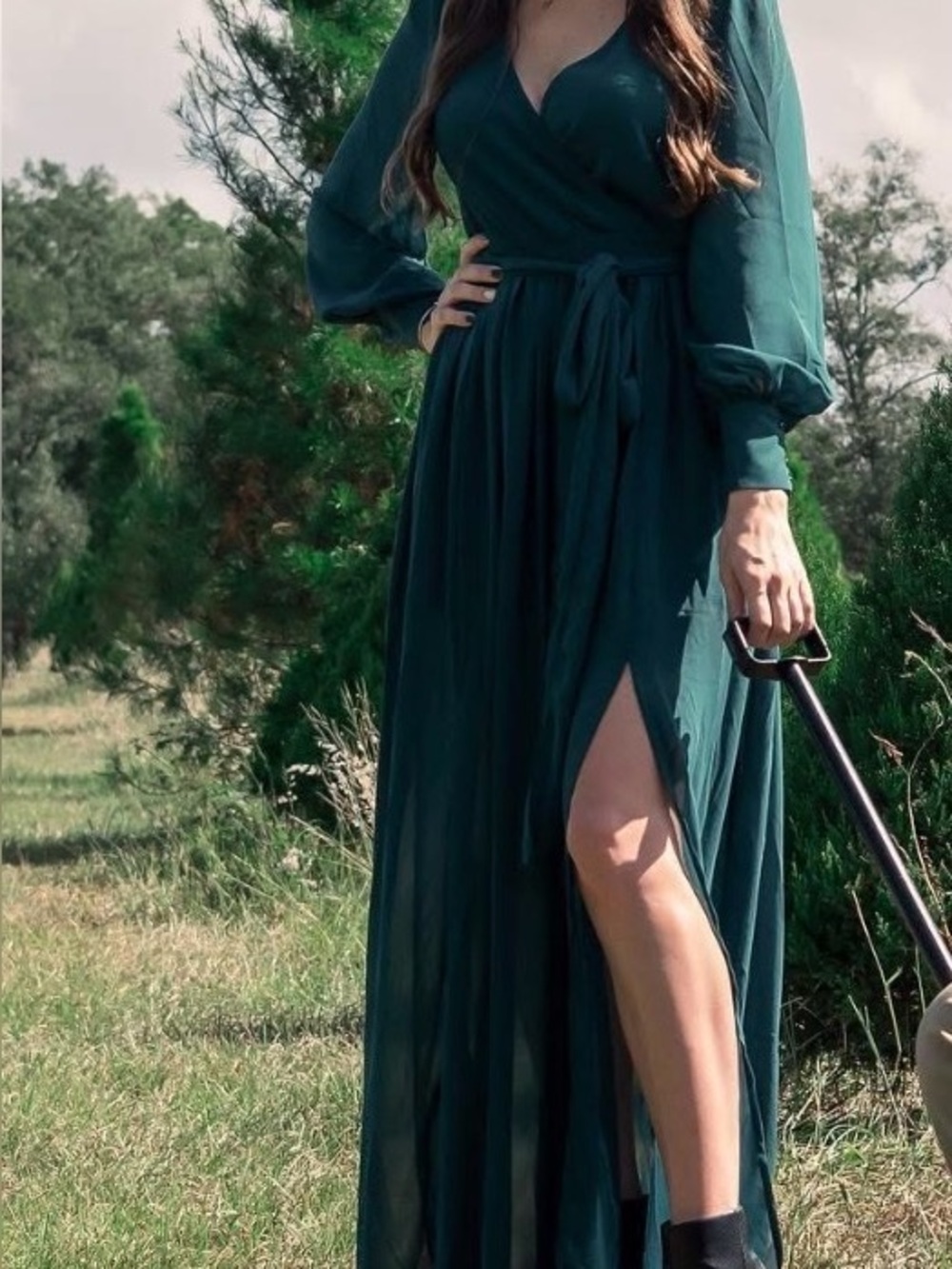 Elegant Deep green Wrap Maxi Dress with Long Sleeves